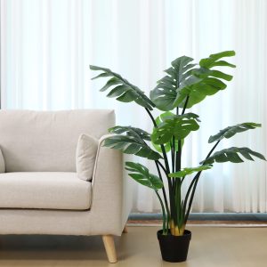 Manufacturing facility Low cost: Synthetic Monstera Plant with Silk Inexperienced Leaves in Black Plastic Pot for Indoor Ornament